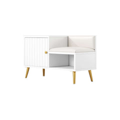 White shoe storage bench with cabinet and shelf - modern upholstered hallway organizer