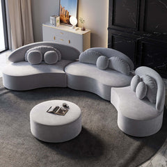 Elegant 7-seat round sectional sofa set in beige velvet with ottoman and decorative pillows