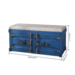 Industrial style blue metal entryway bench with spacious storage and PU leather upholstery