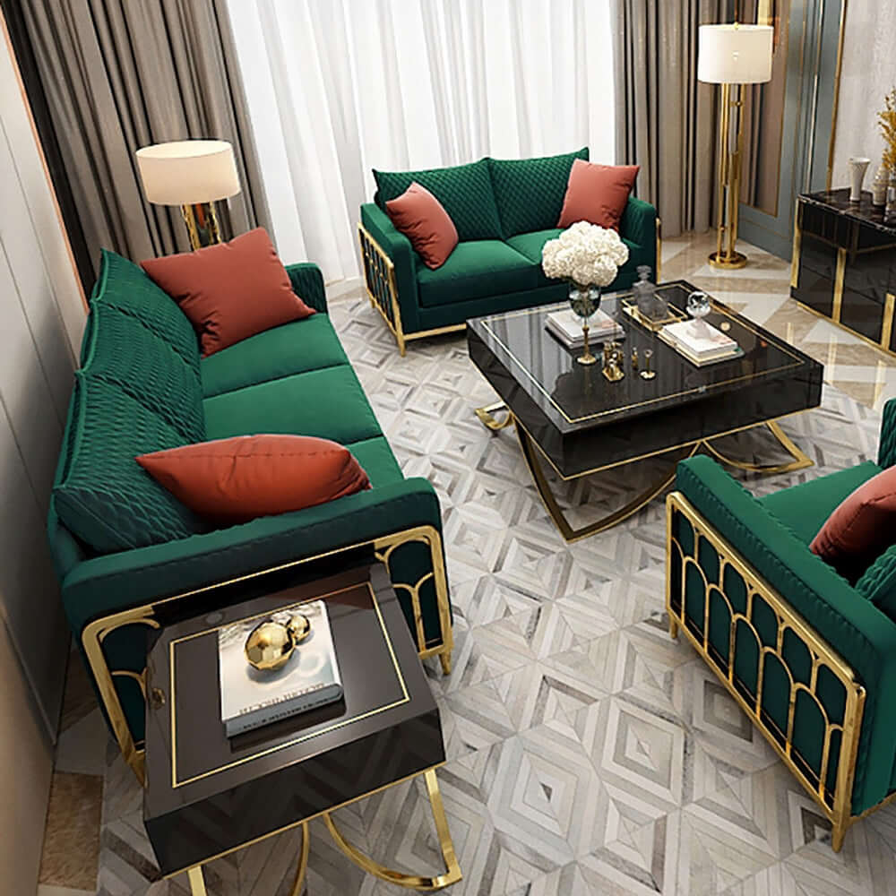 Chic modern sofa with rich green velvet and durable gold legs