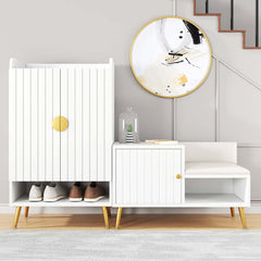 White shoe storage bench with cabinet and shelf - modern upholstered hallway organizer