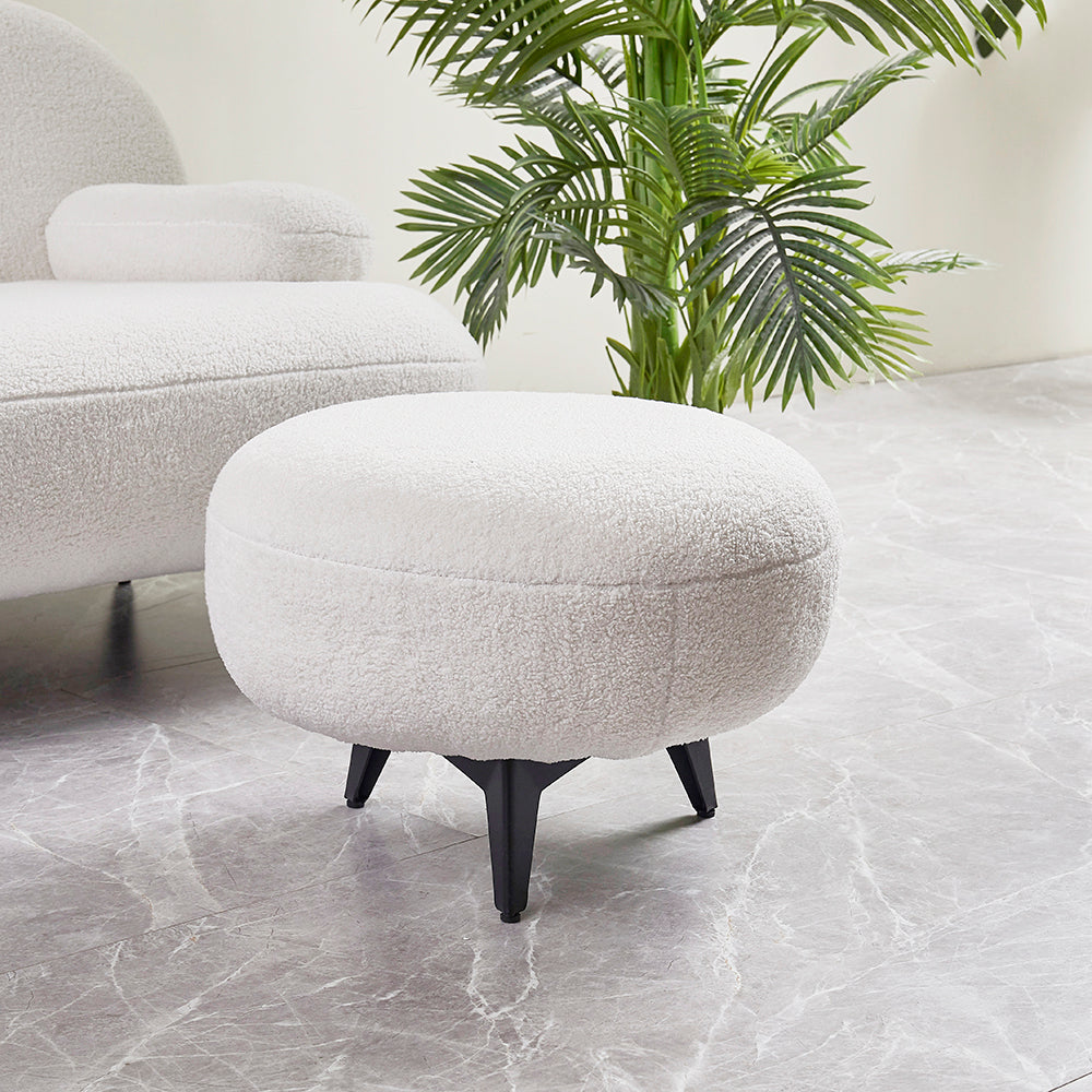 White cream boucle accent chair with matching pouf ottoman for modern lounge seating