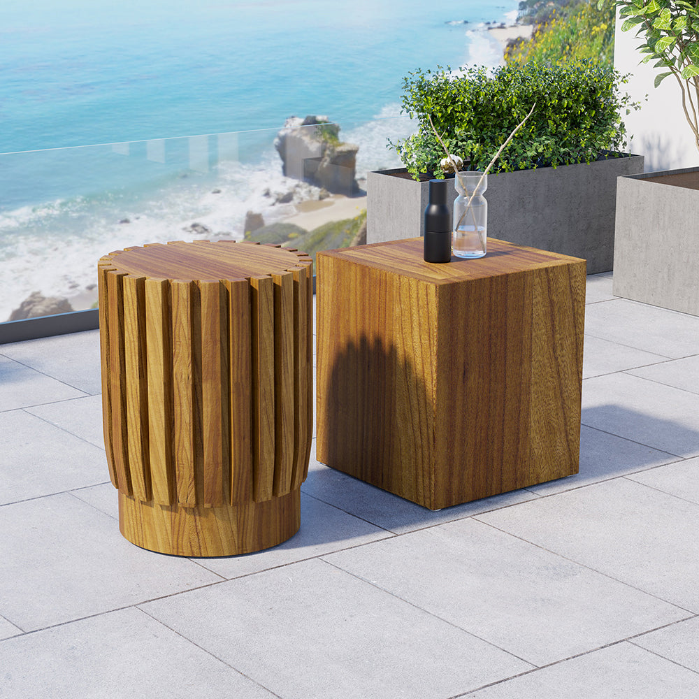 2 Pieces Modern Round & Rectangle Teak Wood Outdoor Coffee Table Set in Natural