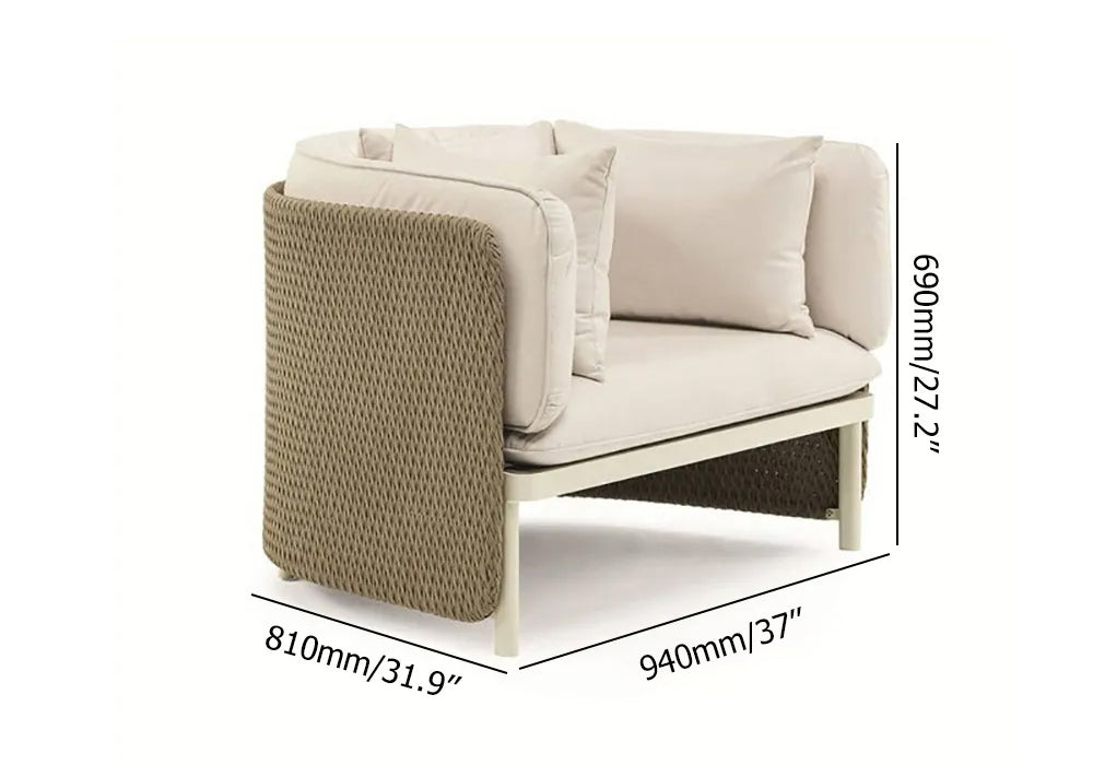 Khaki & Cream White Rattan Outdoor Armchair Patio Accent Chair with Cushion Pillow