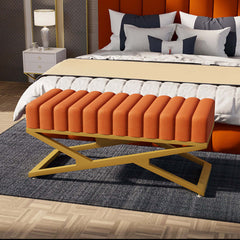 Luxurious Orange Velvet Upholstered Ottoman Bench with Gold XBase