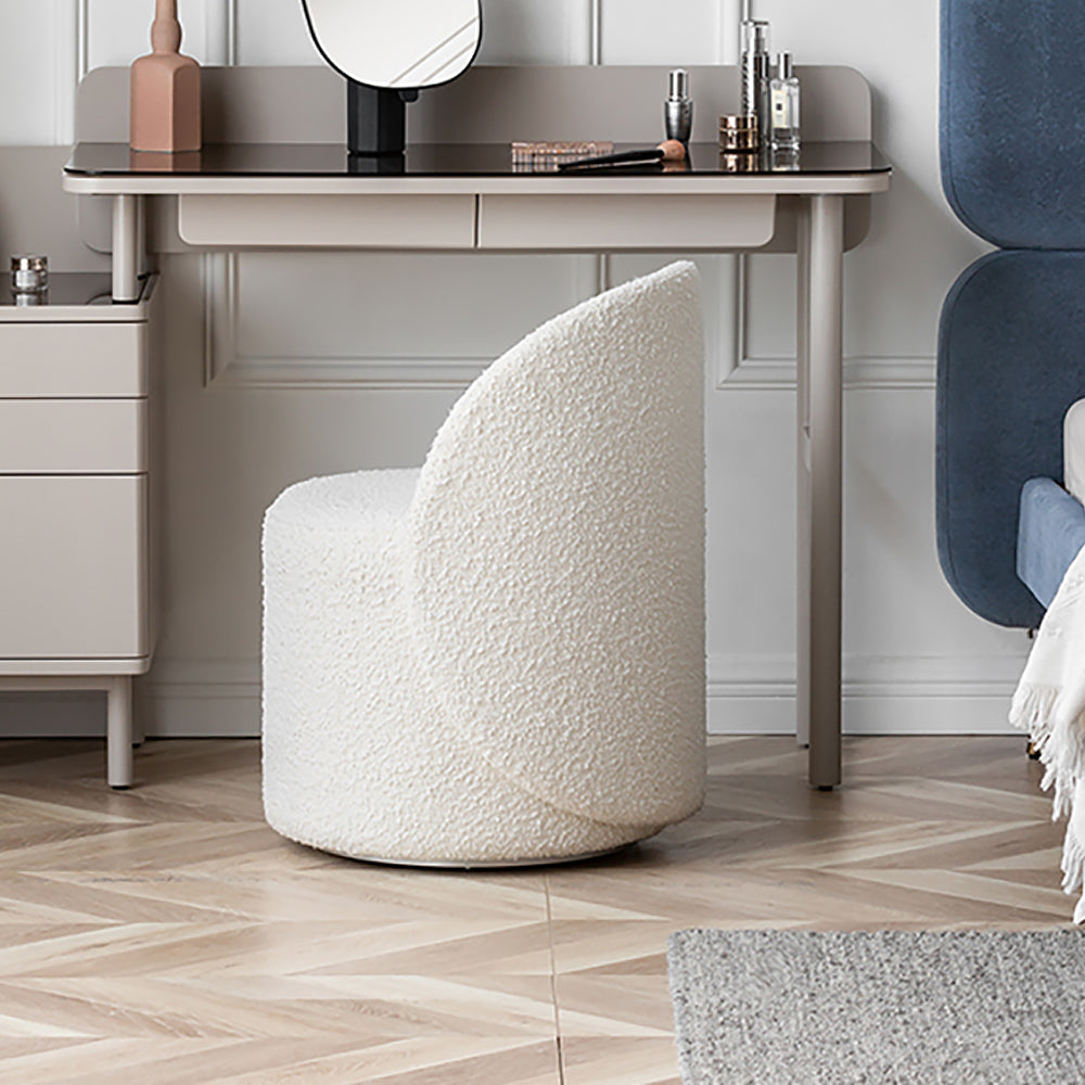 Nordic White Boucle Sherpa Round Vanity Stool Swivel Accent Chair with Low Back