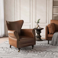 Midcentury modern brown accent chair upholstered in waxy leather