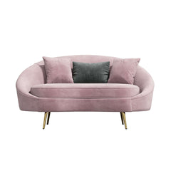 Pink velvet sofa with gold metal frame and toss pillow, modern design furniture