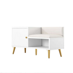 White shoe rack bench with storage cabinet and shelf - modern upholstered hallway organizer