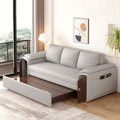 Stylish 94.5" gray pull out sofa bed convertible LeathAire sleeper with lifttop coffee table