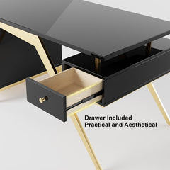 Black modern wooden executive writing desk and chair set for home office, 71 inches