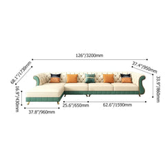 Comfortable beige and green faux leather sectional sofa with left chaise, 126 inches wide