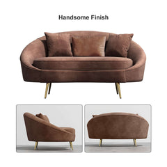 Stylish pink velvet sofa with curved design, gold metal base, and included toss pillow, 63 inch length