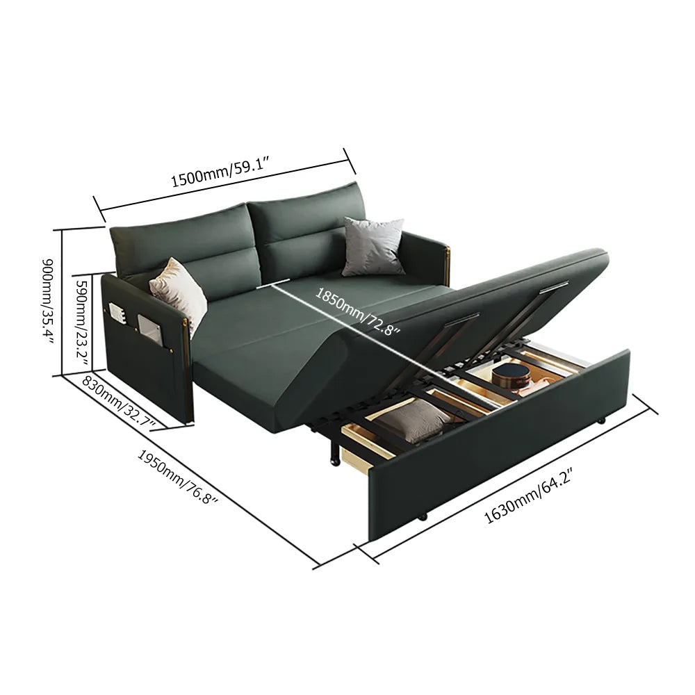 64" Green Convertible Sleeper Sofa Bed with Storage Leathaire Upholstery