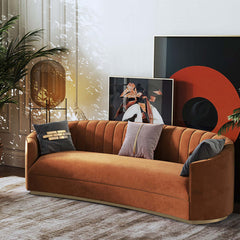 Contemporary 88.6" velvet sofa in orange with stainless steel base