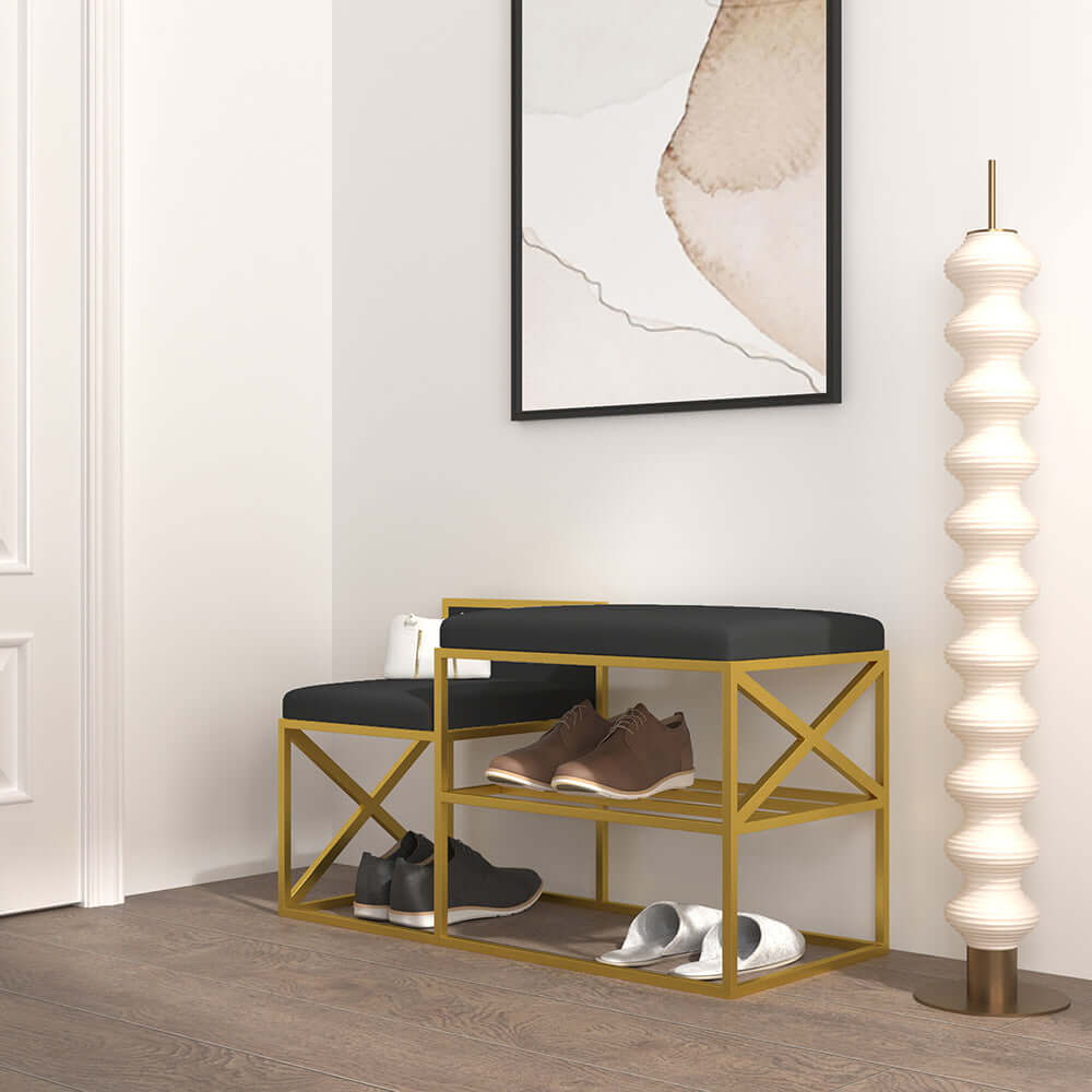 Elegant PU leather bench seat with gold legs in white for entryway