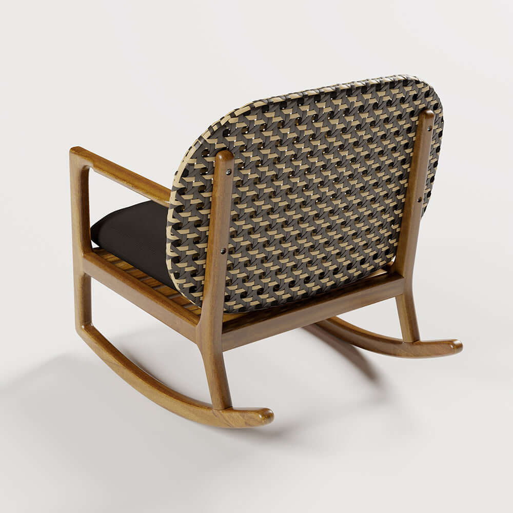 Teak and rattan 3-piece outdoor sofa set with natural wood rocking chair and cushions