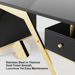 Black modern wooden executive writing desk and chair set for home office, 71 inches