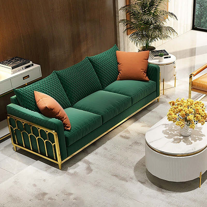 Modern green velvet upholstered sofa with solid wood frame and gold legs