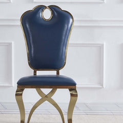 Set of 2 stylish blue dining chairs with luxe golden frame for modern dining space