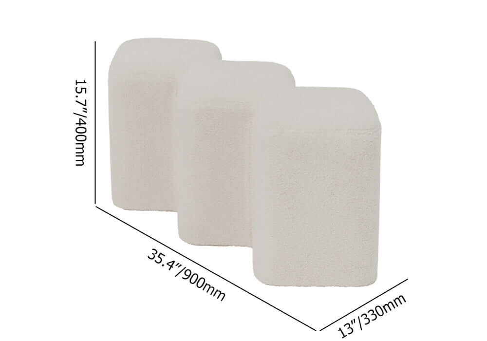 Stylish white entryway bench with boucle sherpa upholstered Molecule Ottoman and wooden frame for homes