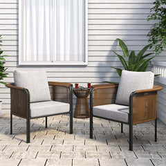 Modern 3-piece rattan outdoor sofa set with glass top coffee table and gray cushion