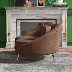 63 inch pink velvet curved sofa with gold metal frame and matching toss pillow, modern style