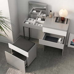 Versatile gray dressing table with hidden storage and a stylish mirror, perfect for your beauty rituals