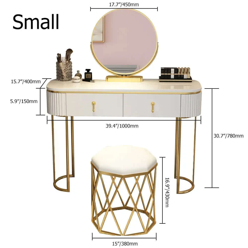 Modern Nordic White Oval Makeup Vanity with Rotatable Mirror and Stool