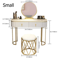 Modern Nordic White Oval Makeup Vanity with Rotatable Mirror and Stool