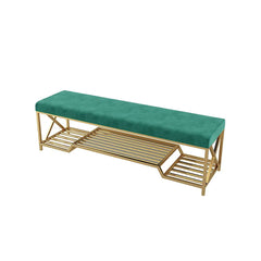 Elegant green storage bench with cushioned seat for entryway or living room