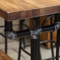 Industrial long bar height table set with 6 wooden bar stools