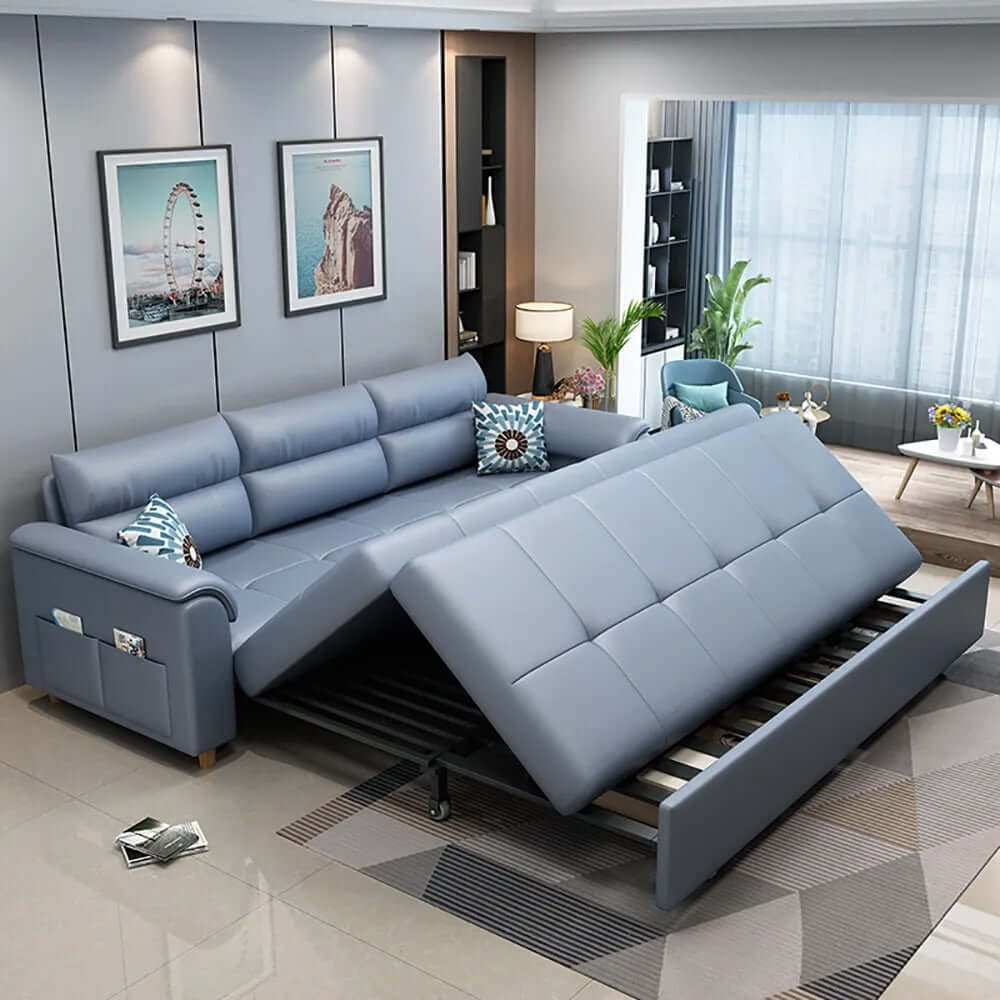 74 inch blue full sleeper convertible sofa with storage and pockets sofa bed