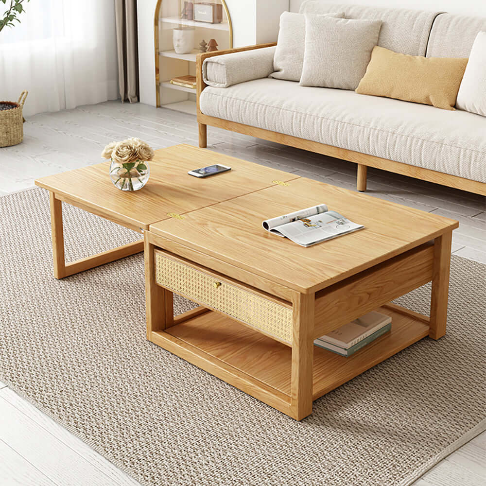 Wooden folding coffee table set with versatile rattan accent table