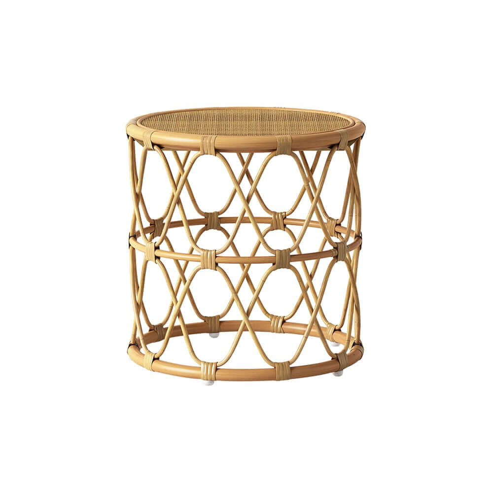 Natural rattan hand-woven round coffee table and side table set in boho style for cozy living room