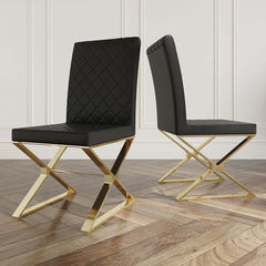 Classy set of 2 black leather dining chairs with elegant gold legs - modern and sophisticated design