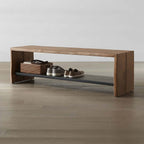 Industrial wood entryway bench with shoe storage shelf in black, elegant and practical furniture piece for hallway