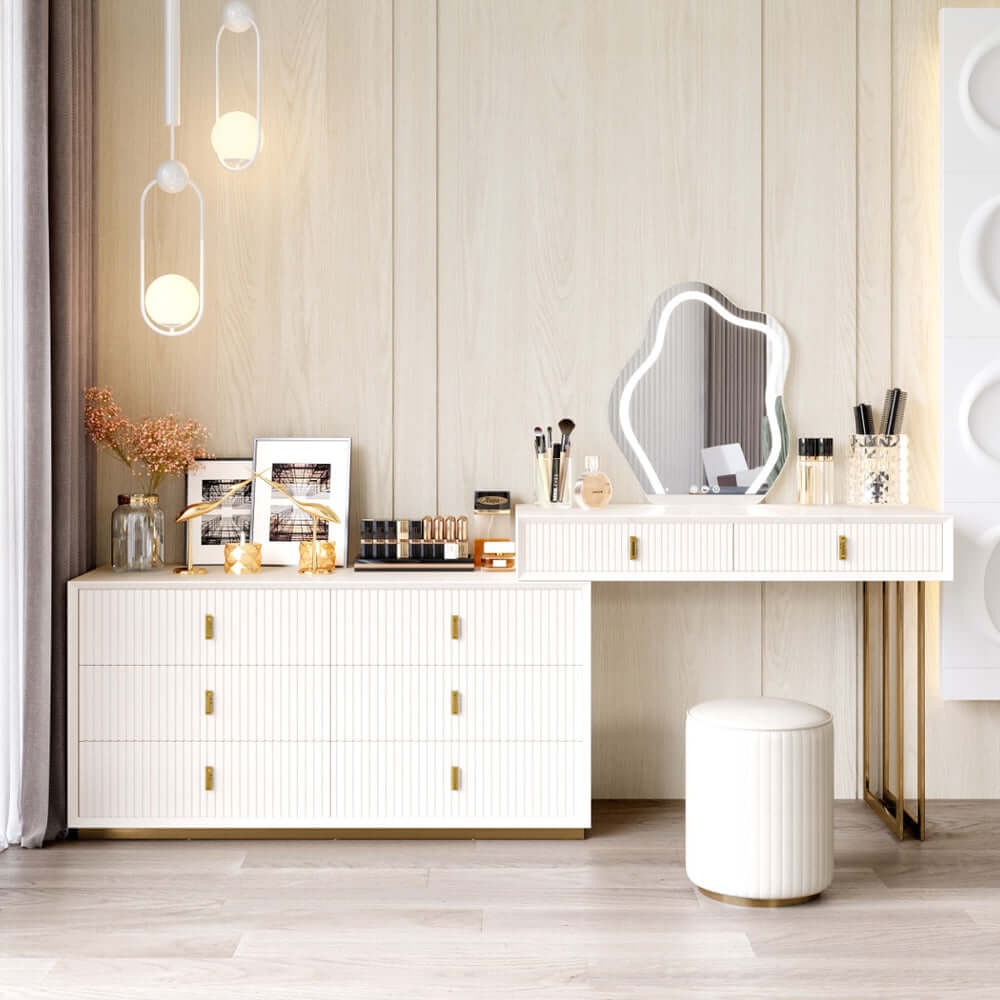 Modern white makeup vanity set with 6-drawer cabinet, dressing table, stool, and mirror for bedroom decor メイン画像