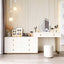 Modern white makeup vanity set with 6-drawer cabinet, dressing table, stool, and mirror for bedroom decor