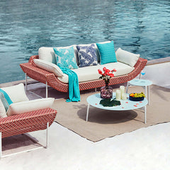 Contemporary 94.5 inch wide outdoor sofa with cushions in white and orange color