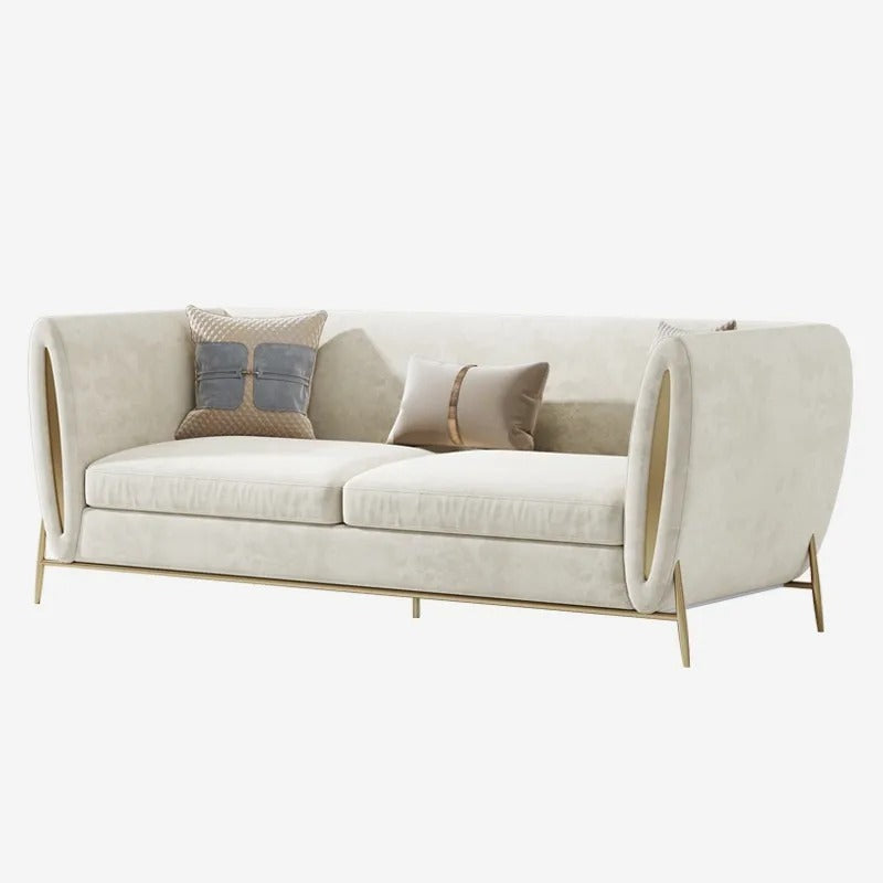 Beige Velvet Upholstered Sofa 3Seater Sofa Luxury Sofa Solid Wood Frame with Gold Legs