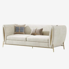 Stylish beige upholstered couch with solid wood frame and elegant gold legs for home