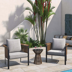 Durable 3-piece rattan outdoor furniture with glass top coffee table and comfortable gray cushion