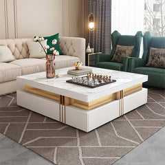 2-piece white sintered stone coffee table and TV stand set with wood drawers for large TV