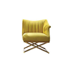 Trendy nordic yellow velvet chair with gold legs, fashionable accent piece for cozy home ambiance