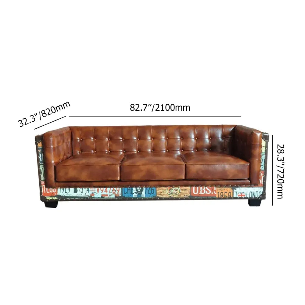 Vintage Industrial Loft 3Seater Sofa Tufted Brown Faux Leather Upholstered Sofa