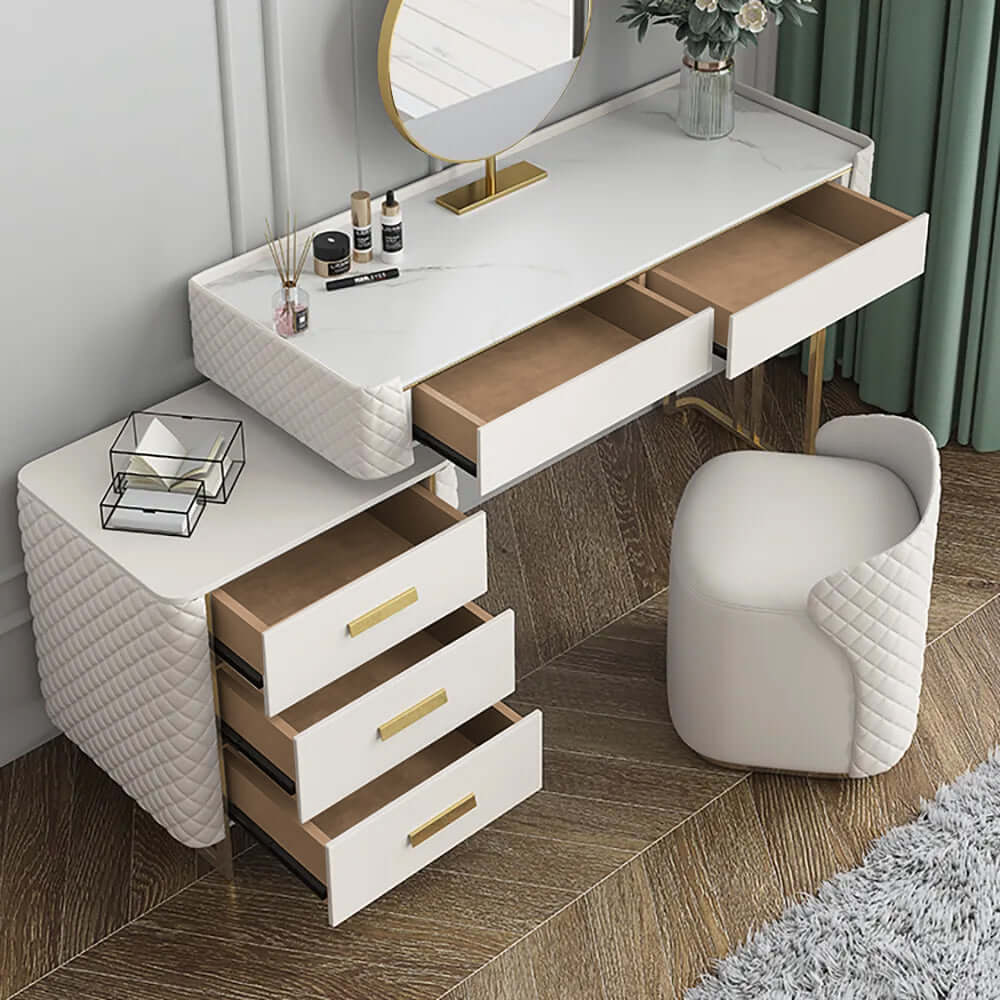 White Makeup Vanity Set Extendable Dressing Table Seat & Mirror Included メイン画像