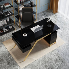 Black modern wooden executive writing desk and chair set for home office, 71 inches