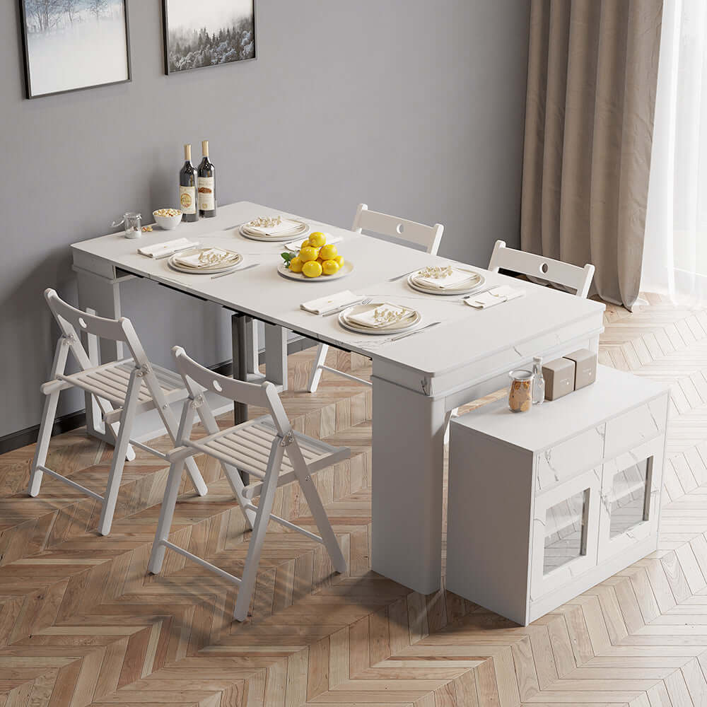 Contemporary walnut and gray dining set with extendable table, 4 chairs, and stylish storage sideboard