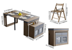 Contemporary walnut and gray dining set with extendable table, 4 chairs, and stylish storage sideboard